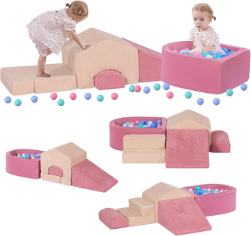 Piece Foam Climbing Blocks for Toddlers with Ball Pit,Pink & Beige