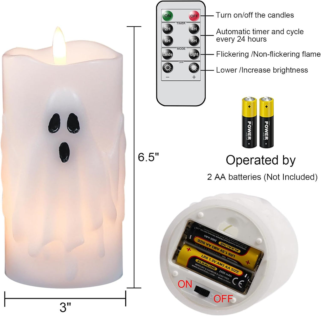Halloween Ghost Flameless Pillar Candles with Remote Timer - Set of 2