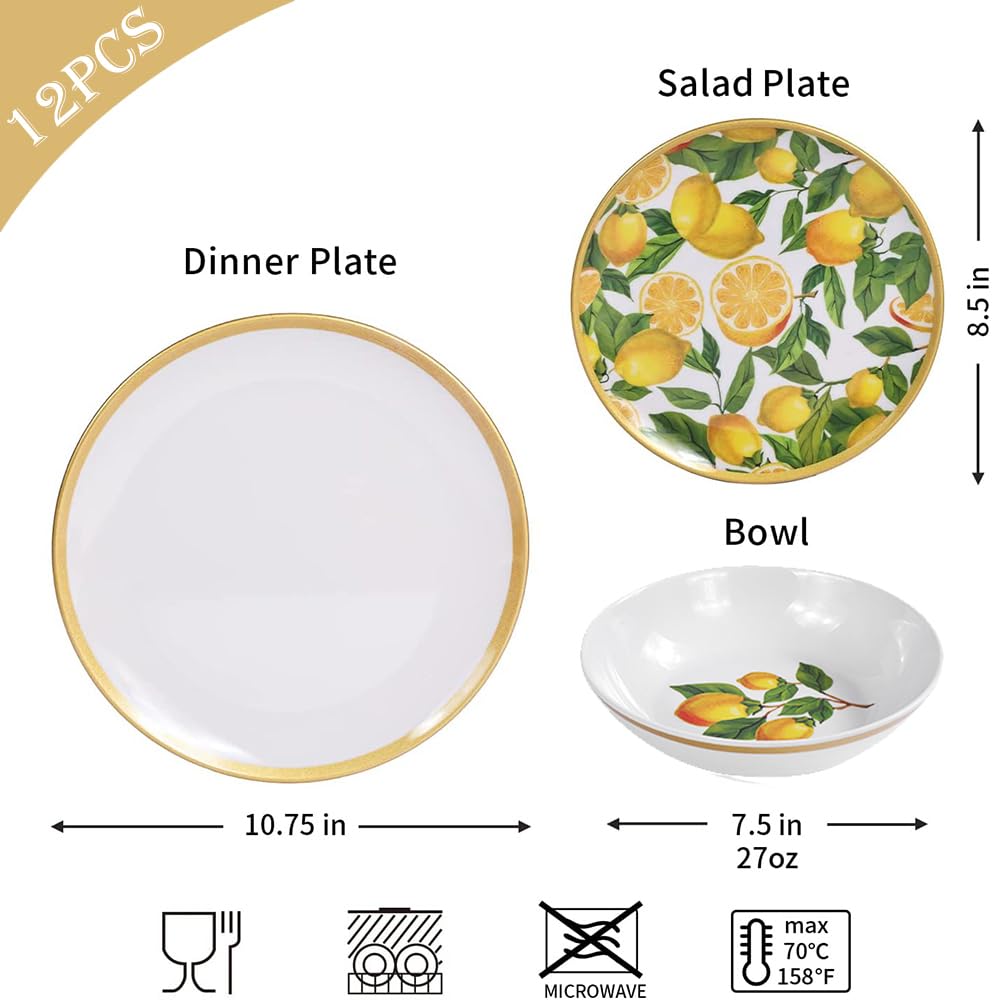 Melamine Dinnerware Sets- 12pcs Melamine Plates and Bowls Set for 4,Indoor and Outdoor Dinnerware, Lemon dinnerware