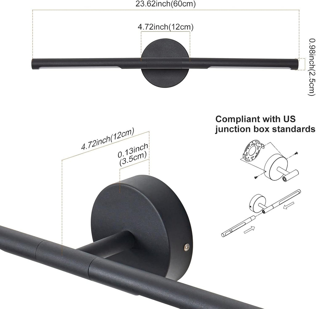 Matte Black Bathroom Light Fixtures Over Mirror 24 Inch, 18W 360° Rotatable Dimmable 4000K Led Vanity Light Bar