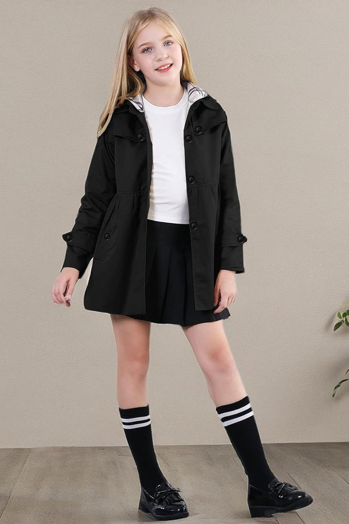 Girl's Single Breasted Trench Coat Hooded Dress Coat Outerwear