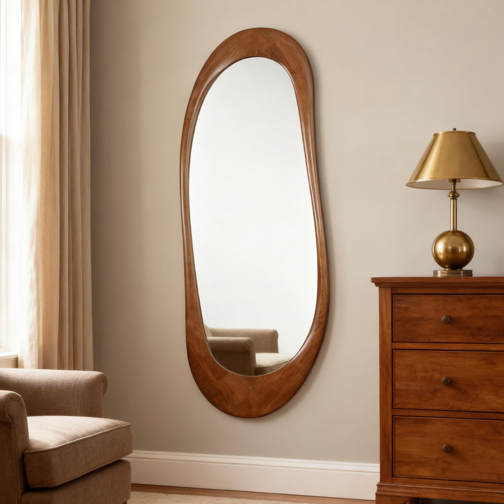 Asymmetrical Full Length Wooden Mirror, 22.5" x 63" Irregular Solid Wood Wall Mirror, Boho Decor Living Room