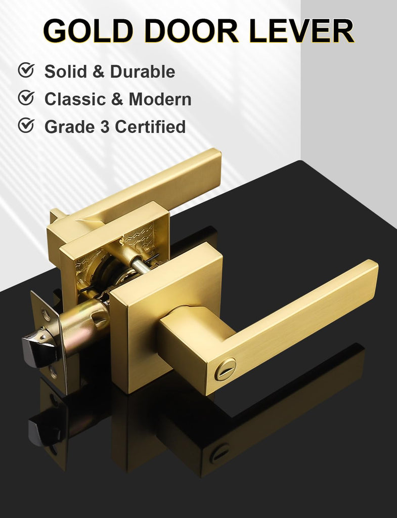 10 Pack Heavy Duty Gold Square Privacy Interior Door Levers, Satin Brass Finish, Bedroom and Bathroom Door Handles