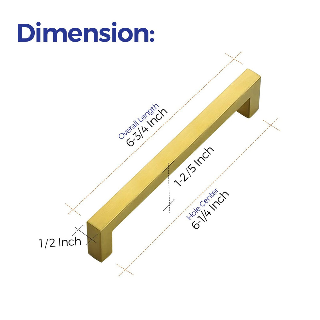 Brushed Brass Cabinet Handles Square Pulls 6-1/4 Inch 18 Pack