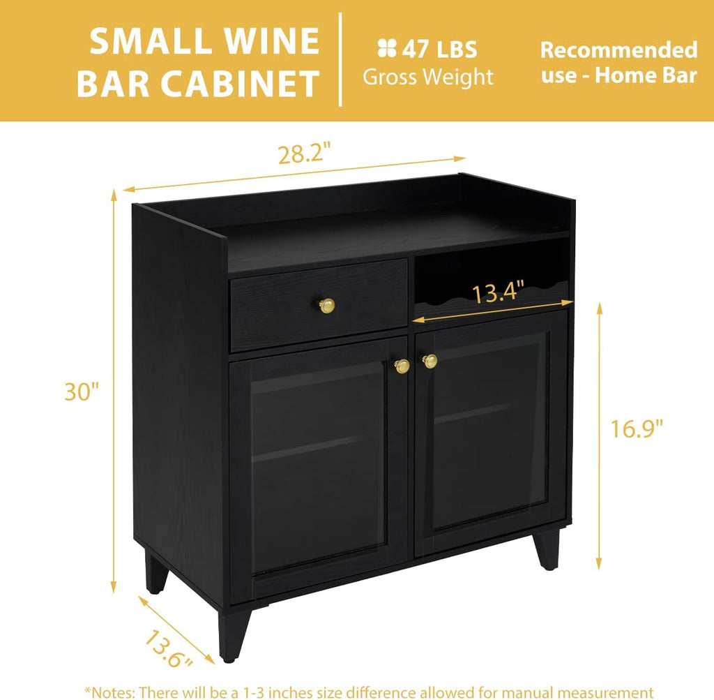 Black Wine Bar Cabinet, Glass Door with LED Light & Shelves | Comes With Glass Doors And Interior Light; Adjustable