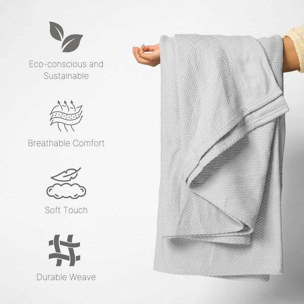 100% Cotton Herringbone Weave Blankets, 90"X90" Queen, Throw Blanket for Bed, All Season Cotton Blanket, Cozy