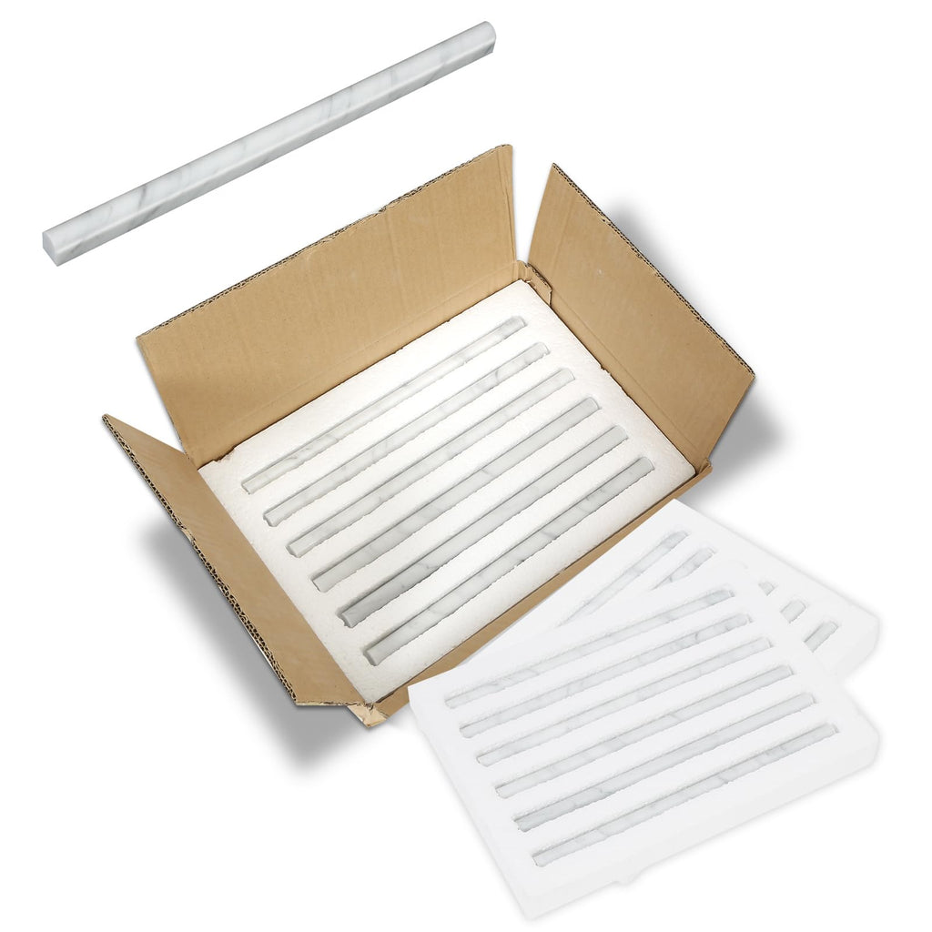 Carrara White 12 Pack of 3/5''x12'' Marble Pencil Liner Tile, Edge Trim Molding for Shower, Polished Bullnose Tile