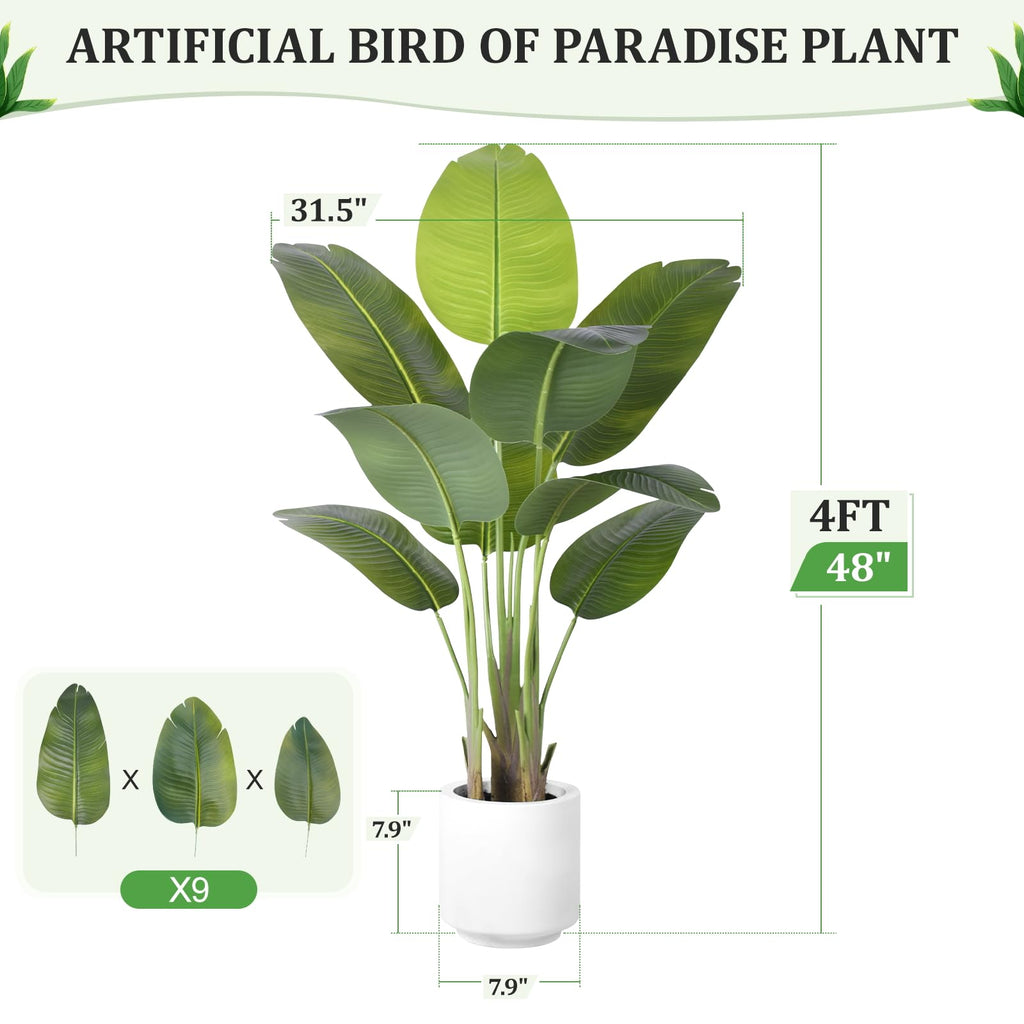 Artificial Bird of Paradise Plant 4Ft Tall Fake Tropical Palm Tree Large Fake Plants with 9 Silk Banana Leaves Faux