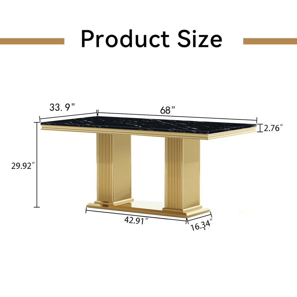 Black Marble Dining Table for 6 Luxury Faux Marble Kitchen Table with Gold Mirrored Stainless Steel Base, 68"