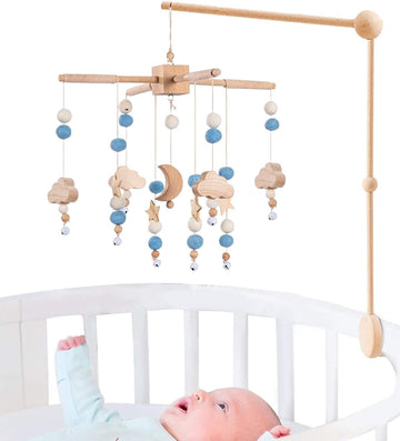Starry Night Baby Mobile Toy and Mobile Arm Holder 2 in 1 Set for Crib | Wooden Beads and Stars Bed Hanger for Boys