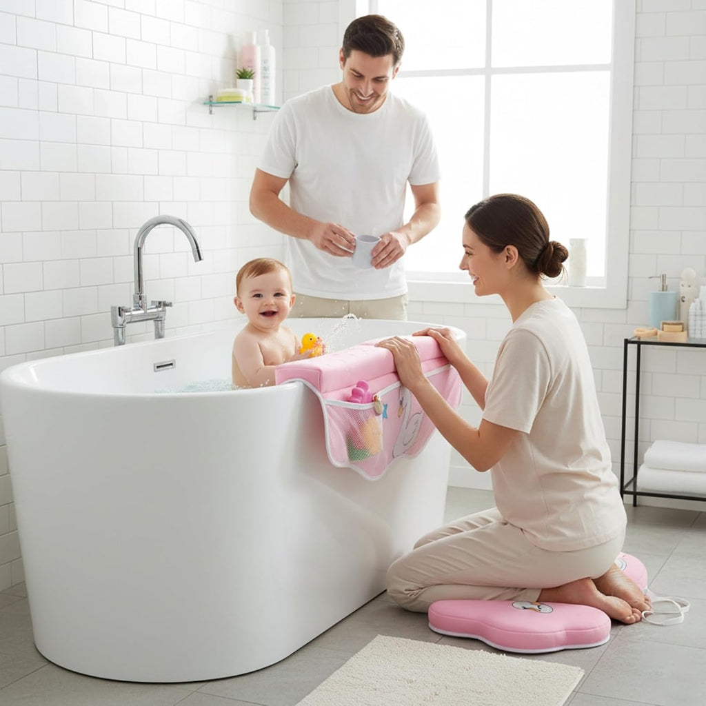 Bath Kneeler and Elbow Rest Pad Set, Bathtub Kneeling Pad with Elbow Support and Storage Pockets, Baby Bath Support