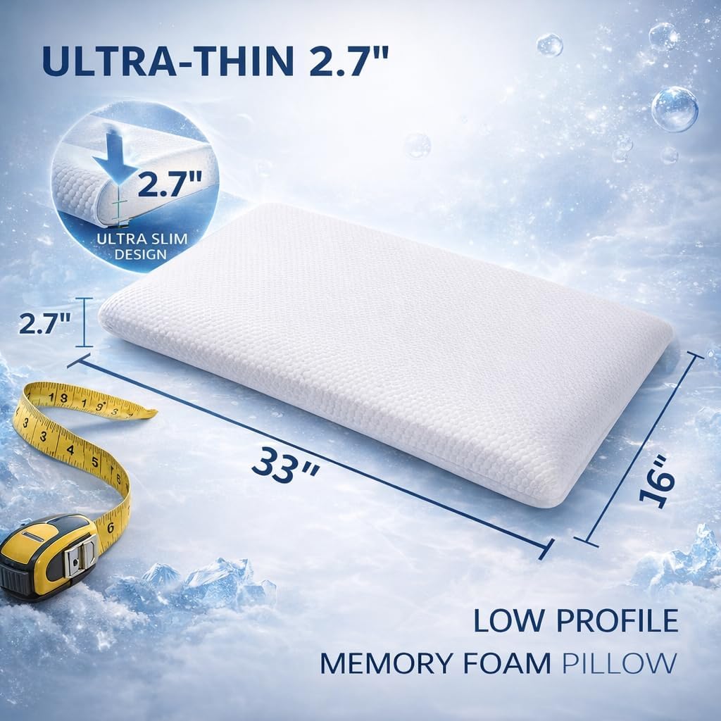 BD Slim 2.7" Stomach Sleeping Memory Foam Pillow-Thin, Flat, Soft Yet Supportative for Belly, Back& Stomach Sleepers
