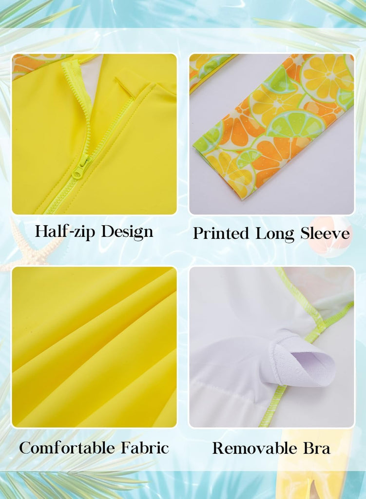 Girls Rash Guard Swimsuits Long Sleeve Swimsuit 2 Piece Bathing Suits UPF 50+ Zip Swimwear Boyshorts