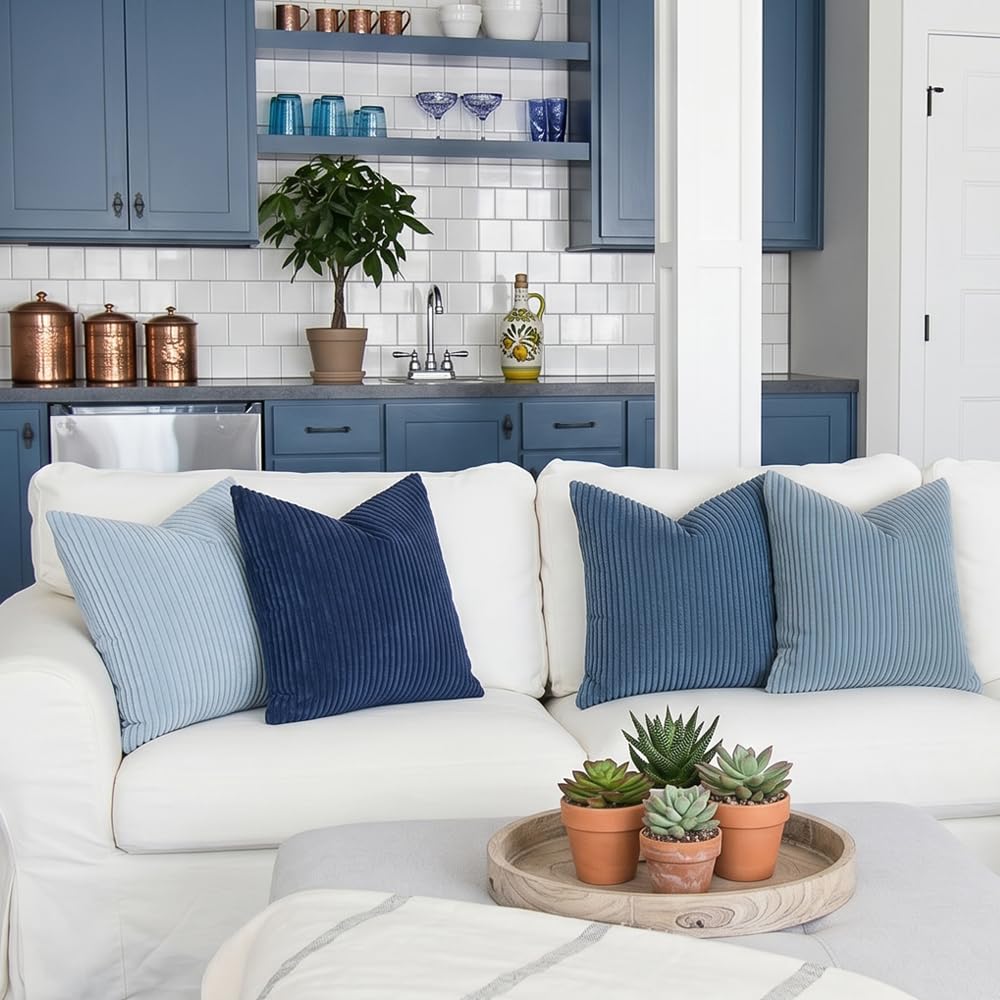 Decorative Corduroy Throw Pillow Covers 18x18 Inch Blue Ocean
