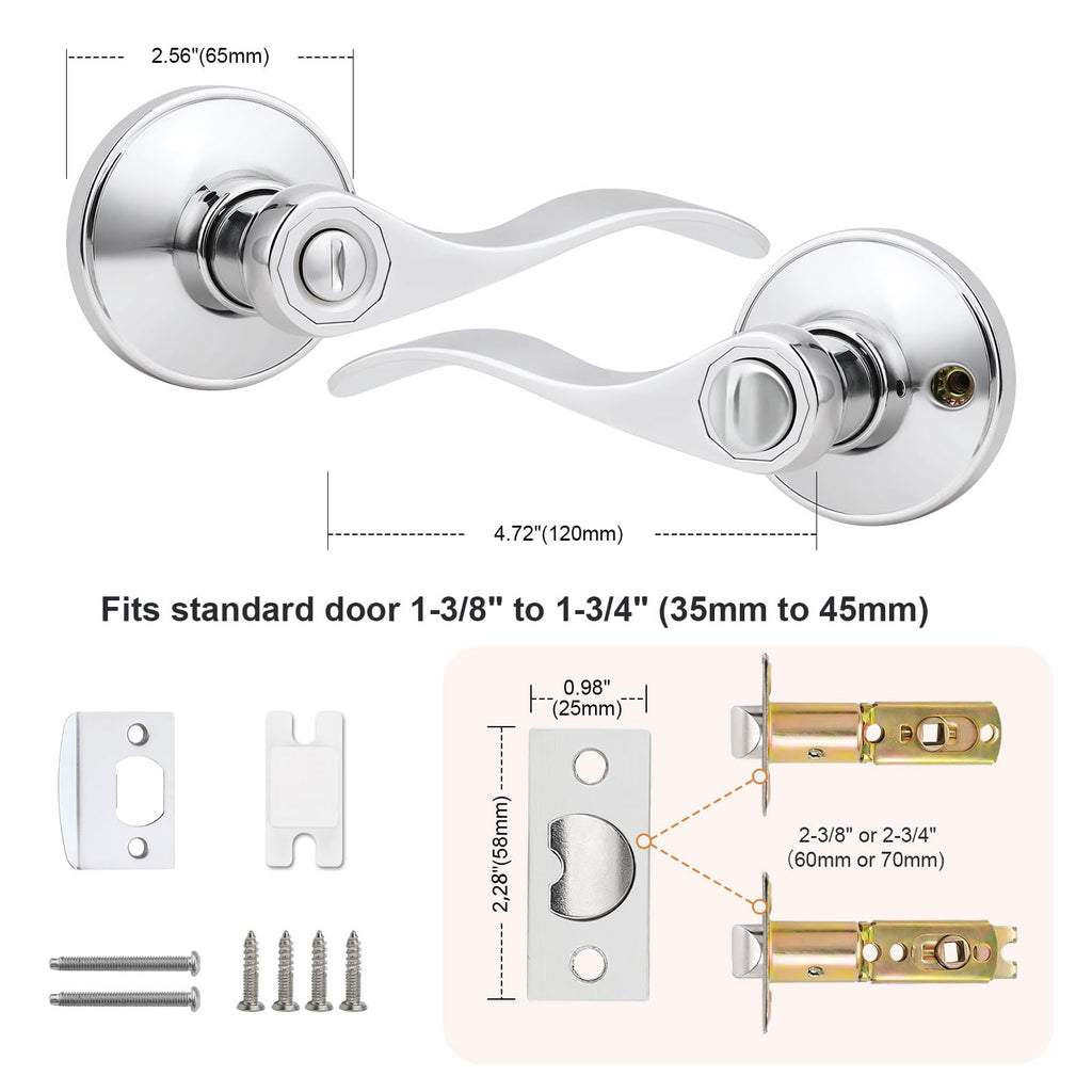 Privacy Door Handle Lever Polished Chrome Interior Door Handle, Chrome Door Lever Bathroom Keyless Interior Door Lock