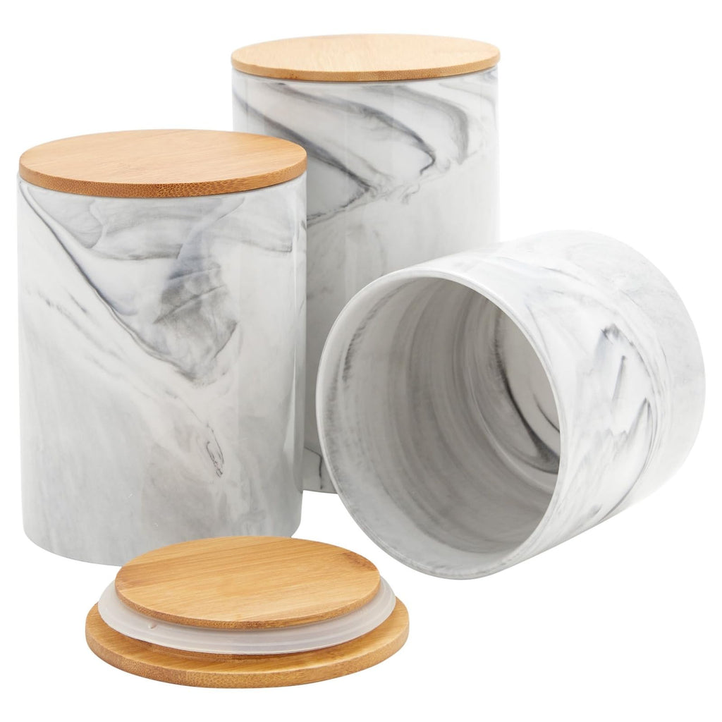 Ceramic Jar Set - Airtight Wood Lids Countertop Jars - White Marble Ceramic Food Storage Containers with Lids