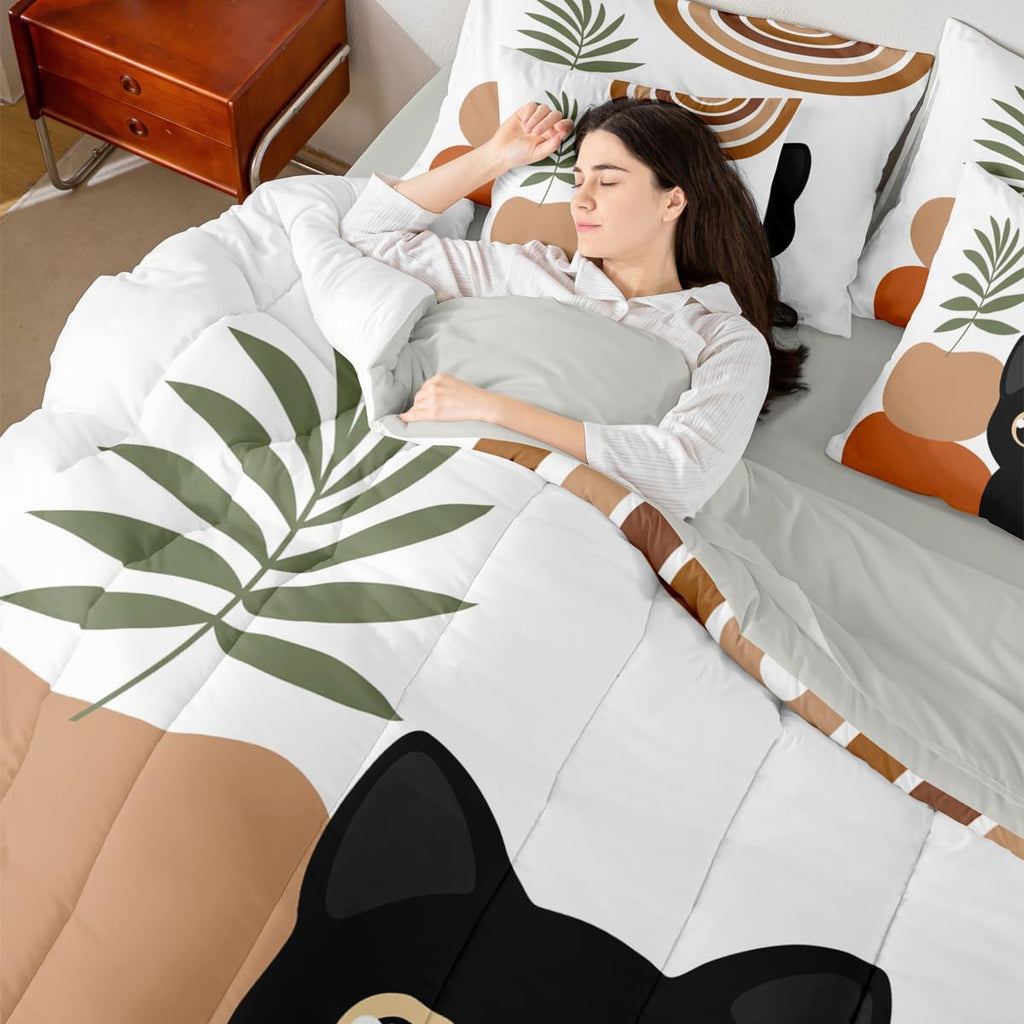 7 Pcs Kids Funny Cat Bedding Set Boho Mid Century Comforter Set with Sheets Twin Size Modern Minimalism Animals Bed