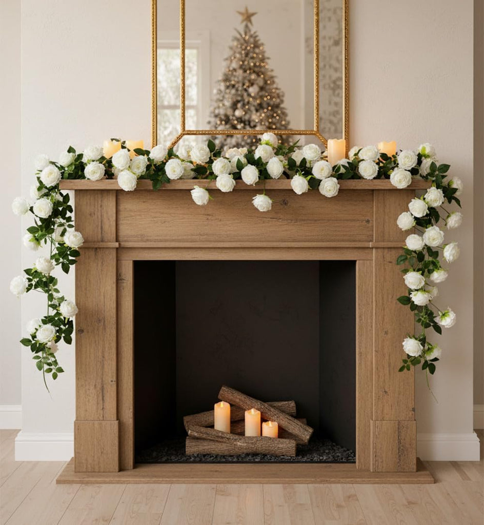 12Ft Bendable Flower Garland Faux Rose Vine for Wedding Decor,White - Set of 2