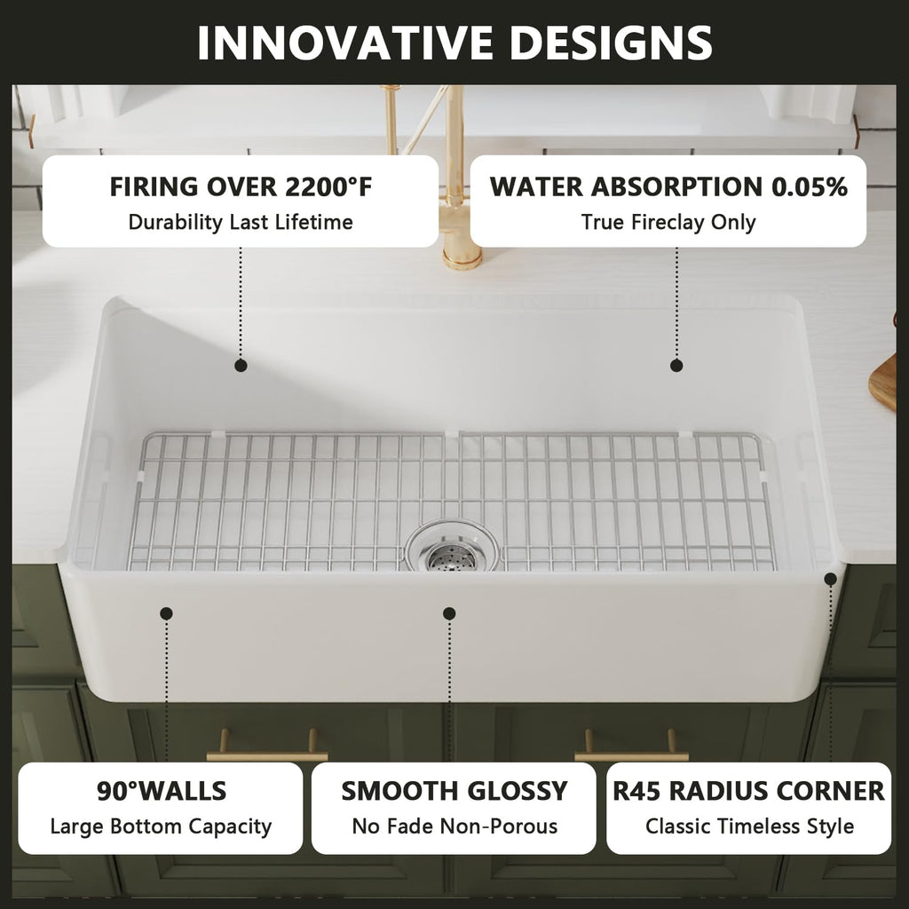 White Kitchen Sink 36 Inch, Fireclay Farmhouse Sink, Apron Front Single Bowl Deep Drop-in Farm Sinks with Grid &