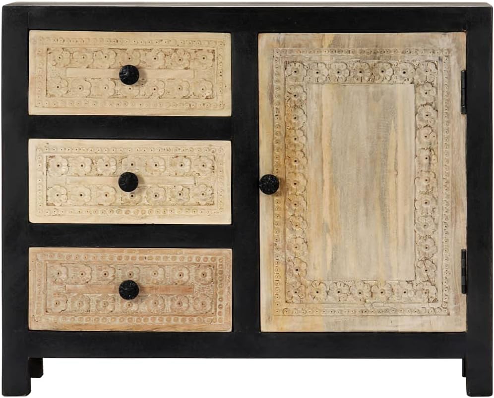 Hand Carved Side Cabinet, Solid Mango Wood Accent Storage Chest with 3 Drawers and 1 Door, Decorative Bedside