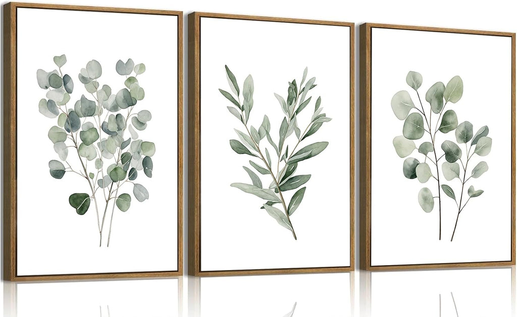 3 Piece Green Botanical Framed Wall Art Boho Eucalyptus Leaf Canvas Art Prints Watercolor Plant Pictures Wall Decor