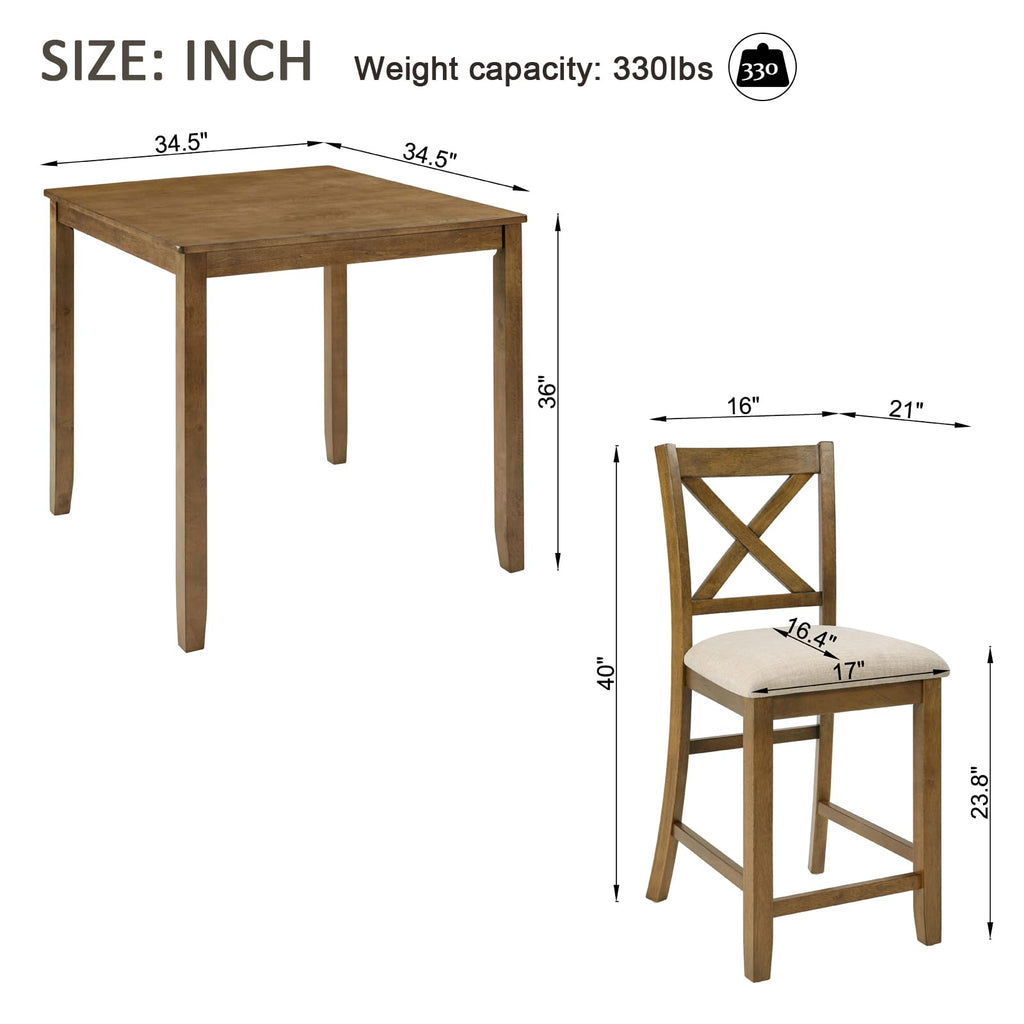 5-Piece Counter Height Dining Table Set for 4, Farmhouse Counter Height Kitchen Table with 4 Padded Chairs, Solid