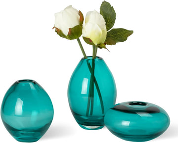 Blown Glass Teal Bud Vases - Hand Blown Turquise Vase Set & Clear Small Teal Vase for Flowers, Glass - Set of 3