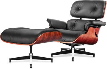 Mid Century Modern Top Grain Leather Chaise Lounge Chair & Ottoman