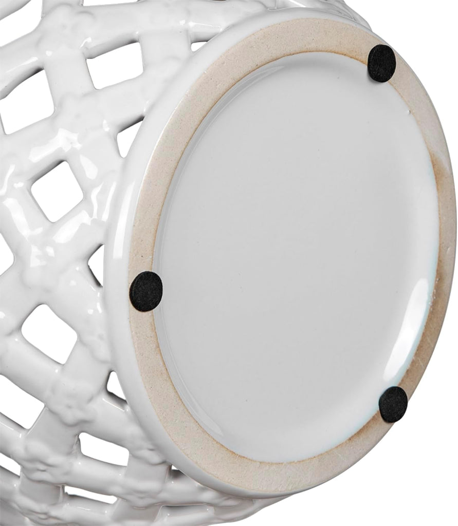 D8X9.5 White Ceramic Lidded Jar with Lattice Design - White - Delicate Lattice Design with Tiny Flowers - Tabletop