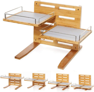 Adjustable Raised Dog Bowls, Bamboo Elevated Feeder Stand with Non-Skid Feet for Food and Water, 5 Level Wooden Pet