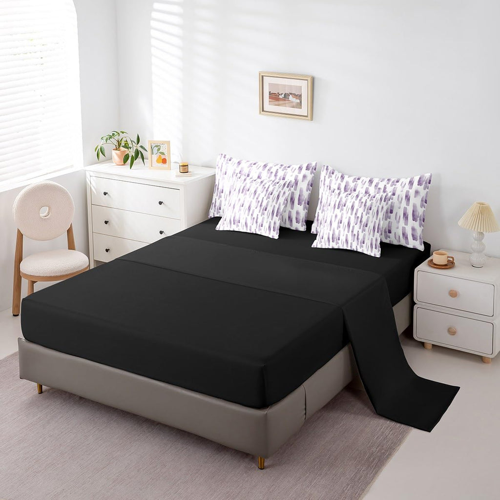 7Pcs Violet Gradient Abstract Comforter Set Queen, Purple Geometric Striped Bed in A Bag for Women Men, Ink Ombre