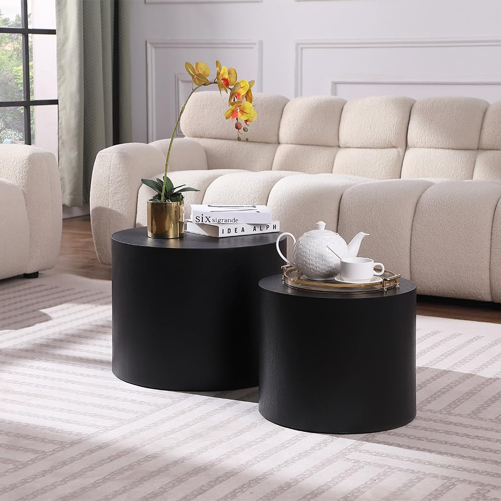 18.9" Black Nesting Coffee Set of 2, Modern Round Coffee Tables Circle Side for Small Space, Accent End Set, No