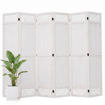 Wood Room Divider Privacy Screen, White Carved Room Divider 6 Panel 67"