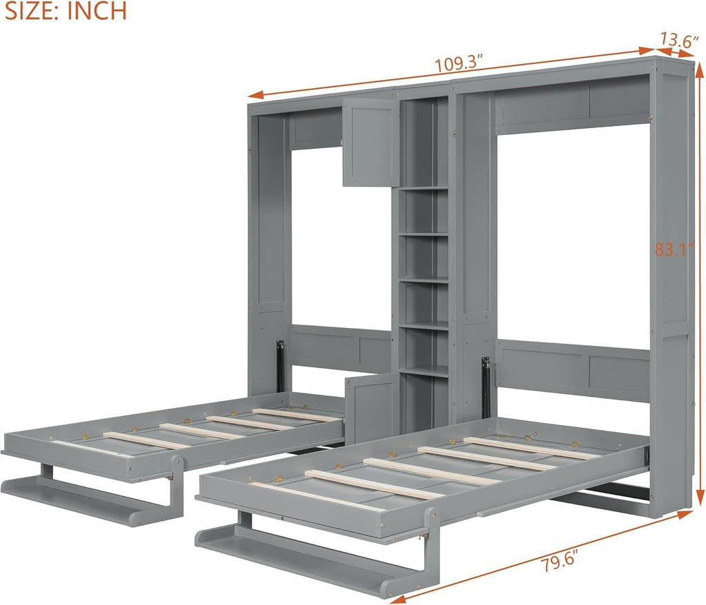 Dual Twin Murphy Beds with Storage Shelves and Cabinets, Pine Wood Space-Saving Hideaway Double Murphy Wall Beds with