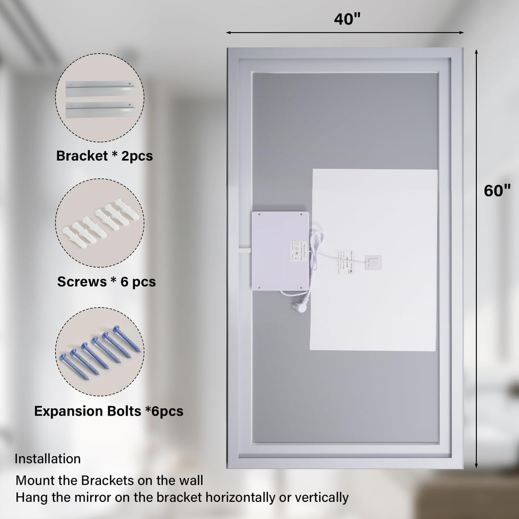 40"X60"LED Bathroom Mirror, Backlit + Front Lit Wall Mirror