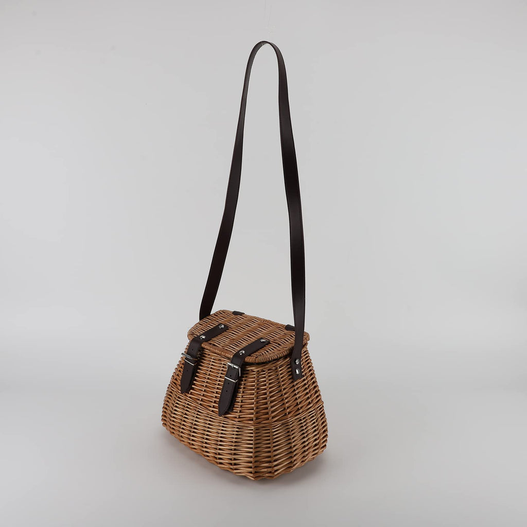 Wicker Picnic Fishing Creel Basket with Lid & Shoulder Strap