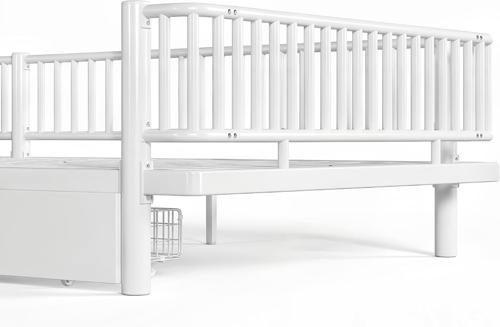 Metal Montessori Bed with Fence and Slats, Montessori Bed with Storage Drawers and Detachable Side Bed