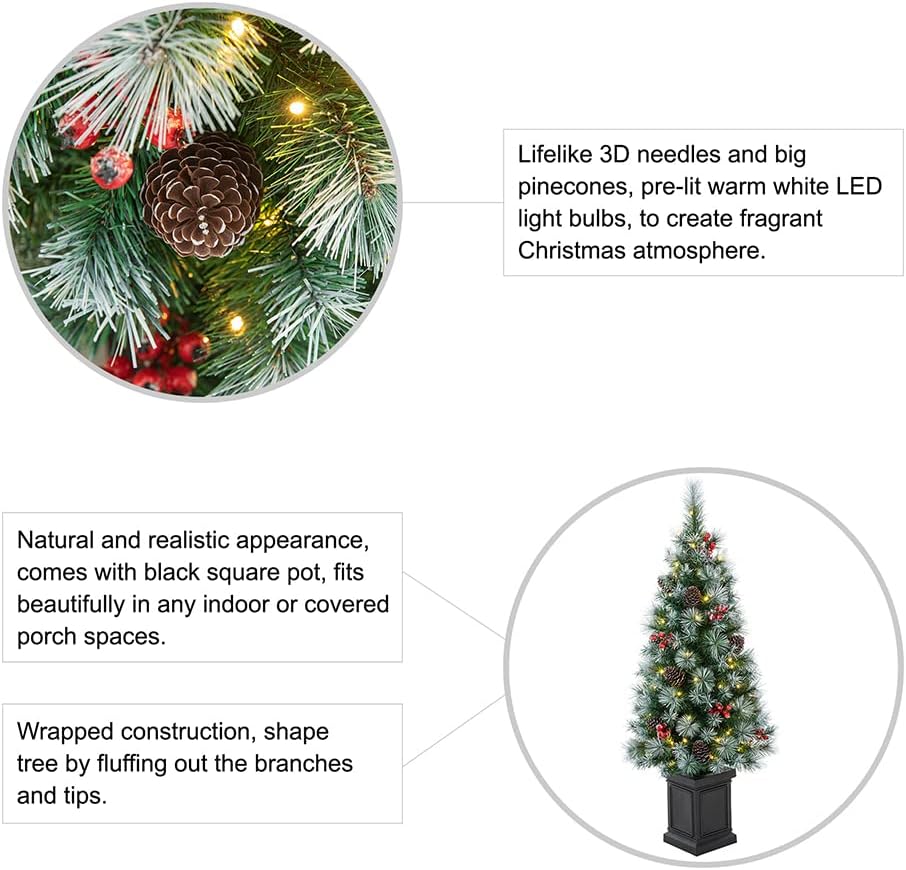 4ft Potted Pre-Lit Artificial Christmas Tree, Small Porch Christmas Tree with 3D Needles, Pinecones and Red Berries
