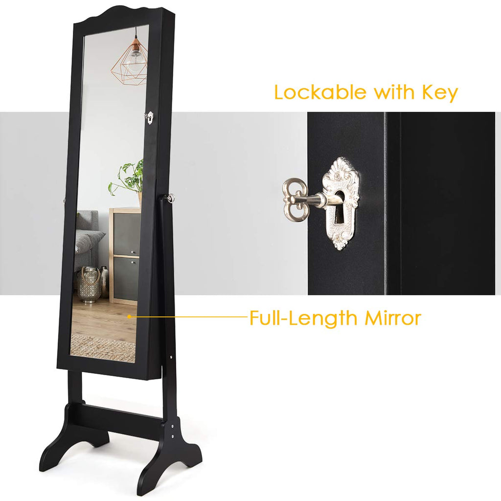 Standing Jewelry Cabinet Armoire with Full Length Mirror, Lockable
