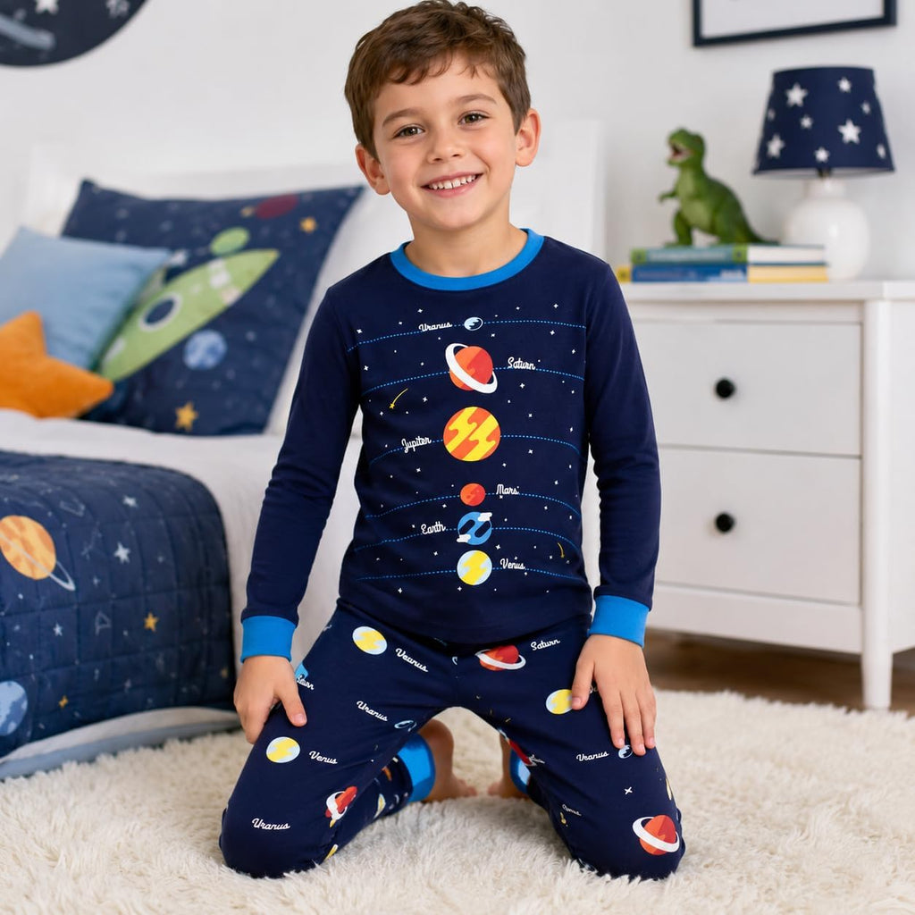 Boys Pajamas 100% Cotton Planet Pjs Toddler 2 Piece Sleepwear Kids Clothes Set