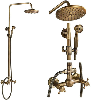Antique Brass Bathroom Shower Faucet System Set 8 Inch Rainfall Shower Head Handheld Spray 2 Knobs Mixing