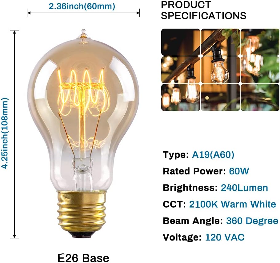 Edison Light Bulb, 60 Watts, A19 Vintage Incandescent Light Bulbs, Dimmable Old Fashioned E26 Incandescent