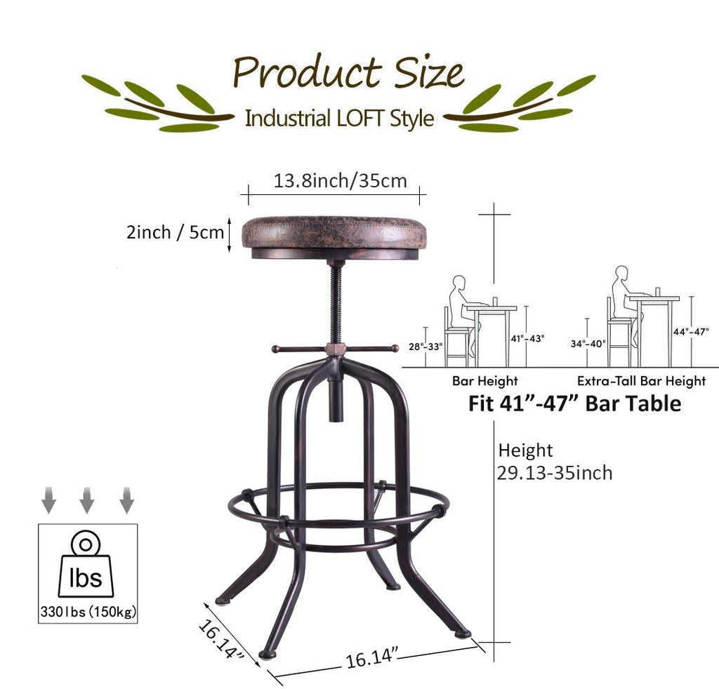 Set of 2 Industrial Bar Stool-Adjustable Swivel Vintage Pu Leather Bar Stool-Rustic Bar Stool with Cushion-Cast Iron