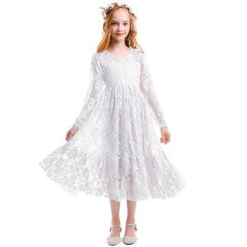 Girls Floral Lace Long Sleeve Boho Rustic First Holy Communion Dress White Christening Baptism Wedding Bridesmaid