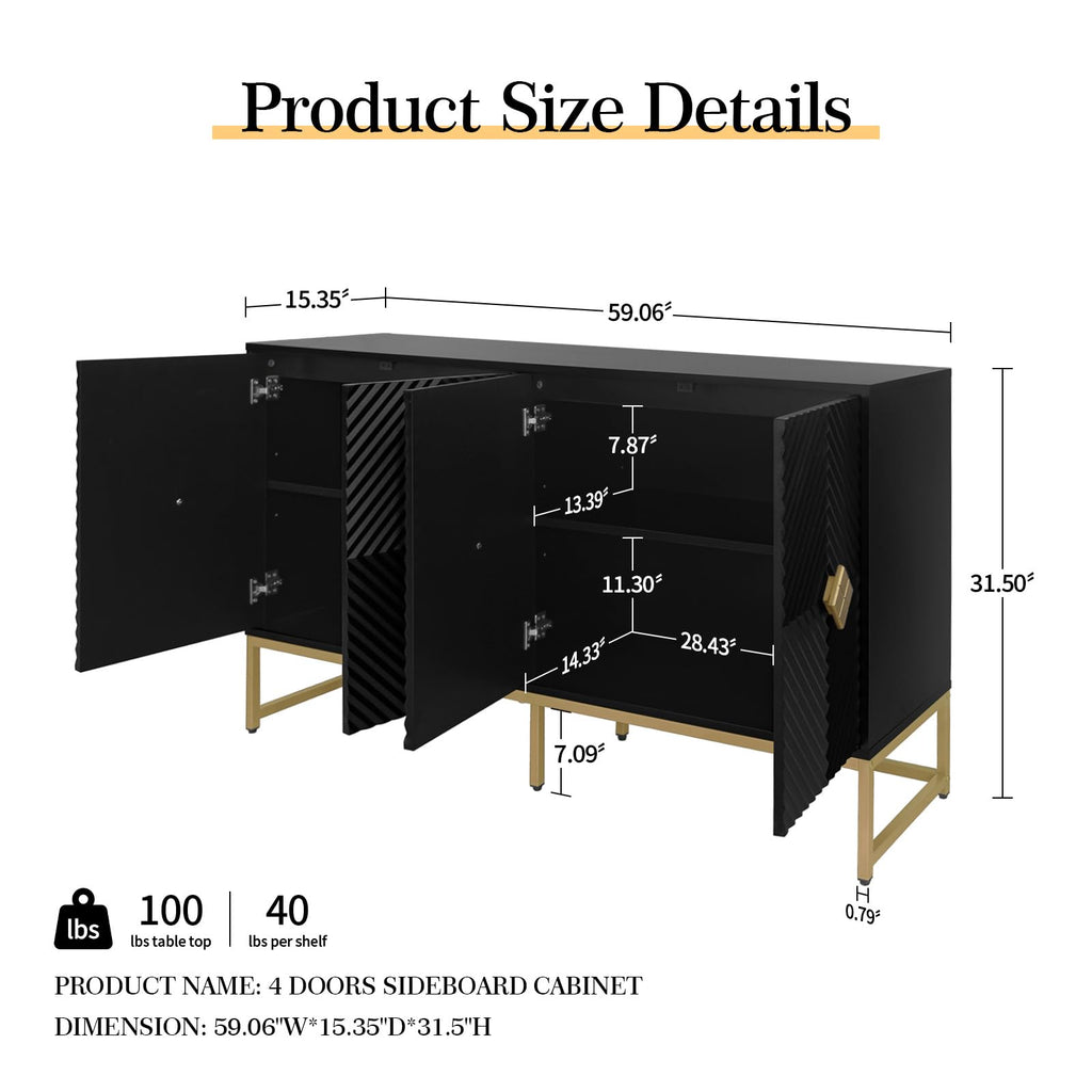Sideboard Buffet Cabinet with Storage - Accent Storage Cabinet with Doors, Wood 4 Doors Cabinet with Metal Legs, 60"