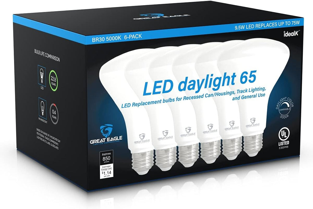 BR30 LED Light Bulb, 9.5W (75W Equivalent), Dimmable, 850 Lumens, 5000K Daylight, High CRI 90+, E26 Base, Indoor