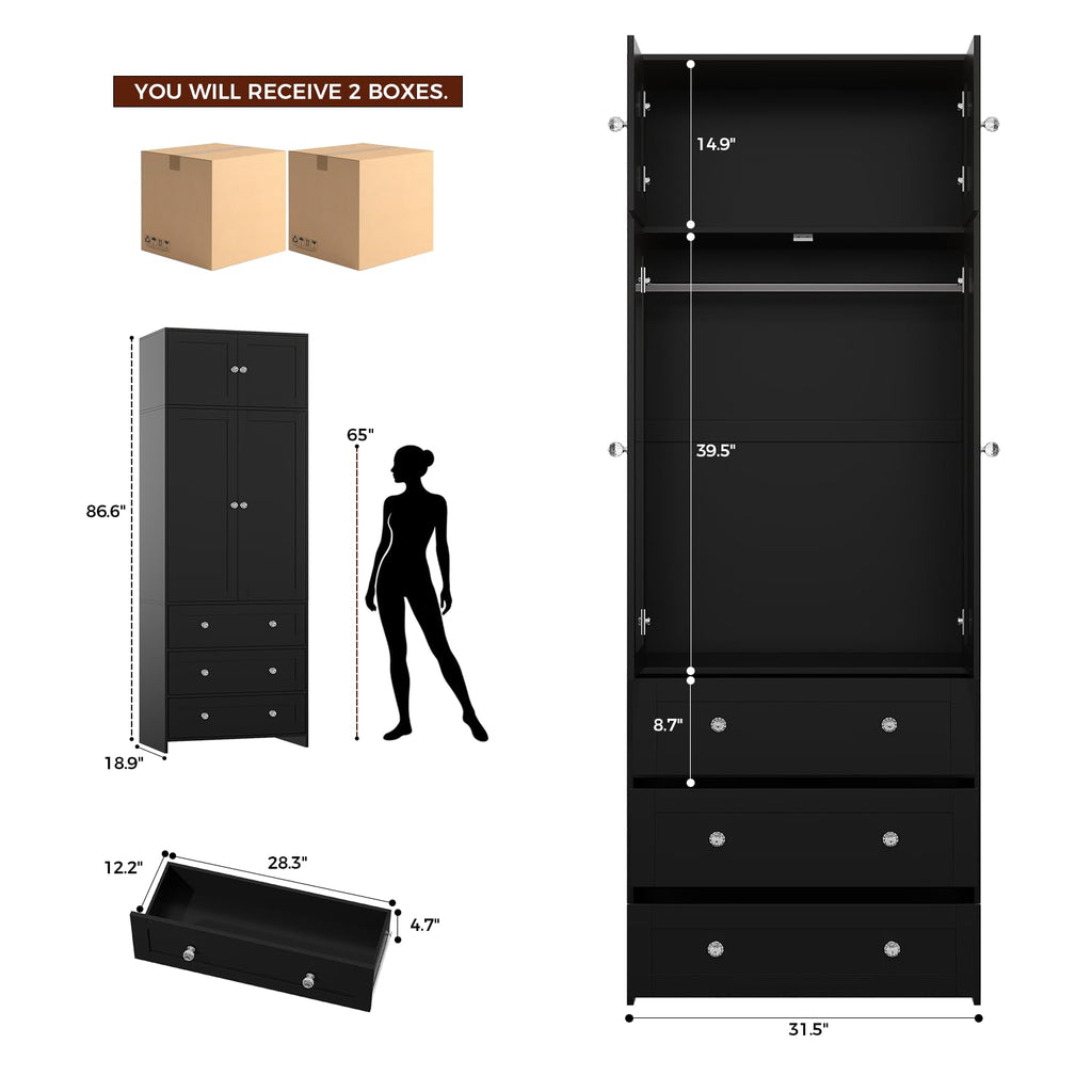 87" H Tall Armoire Wardrobe Closet with 3 Drawers and Mirror