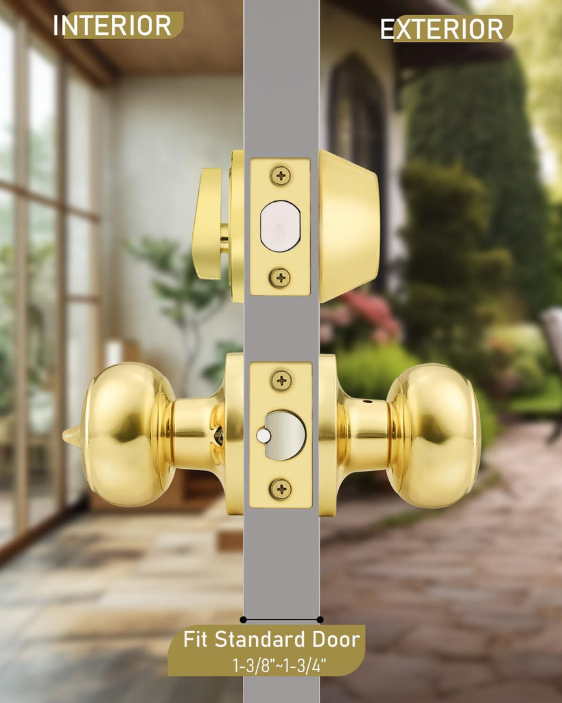 2 Pack Keyed Alike Front Door Knob and Deadbolt Set, Entry Door Locksets with Single Cylinder Deadbolt, Polished