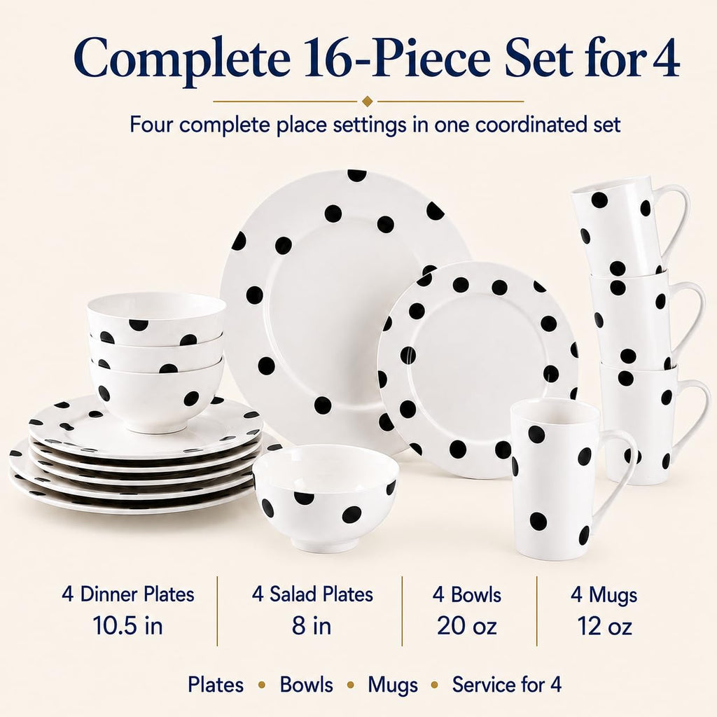 Black and White Polka Dot Dinnerware Set for 4, 16-Piece