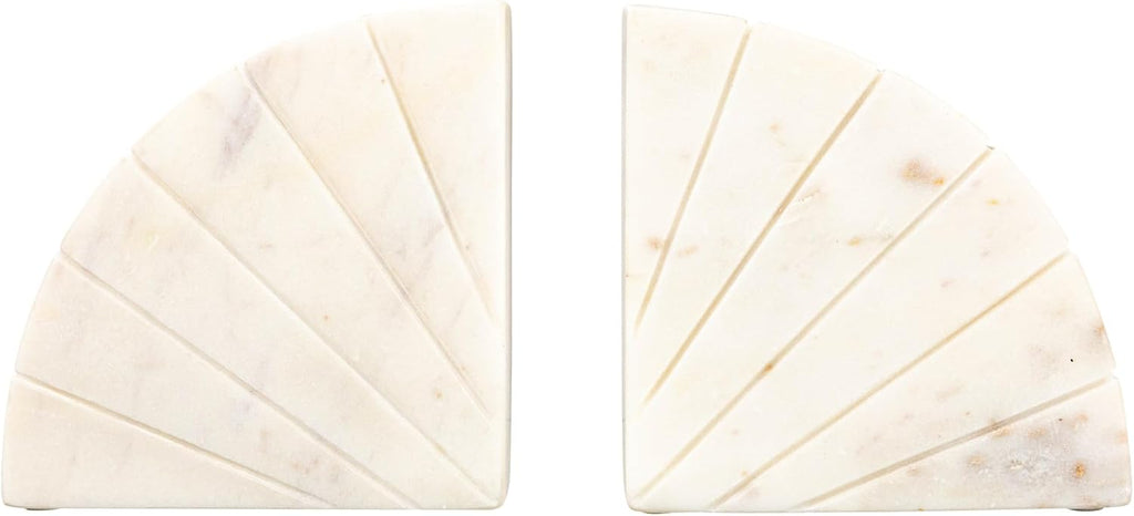 Modern Arched Semicircle Marble Bookends with Carved Detail, Set of 2, White
